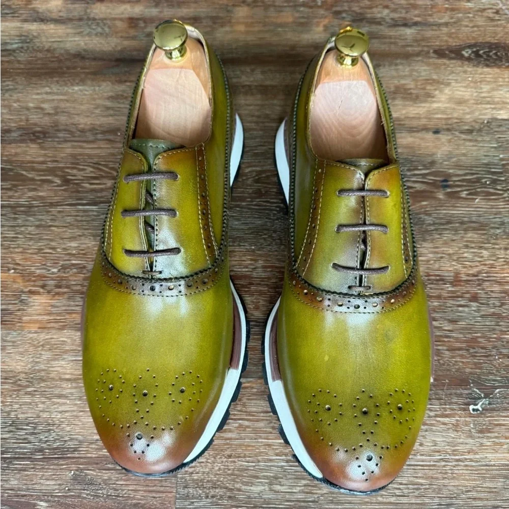 Green and Brown Leather Oxford Shoes with Brogue Detailing - Picture 1 of 4